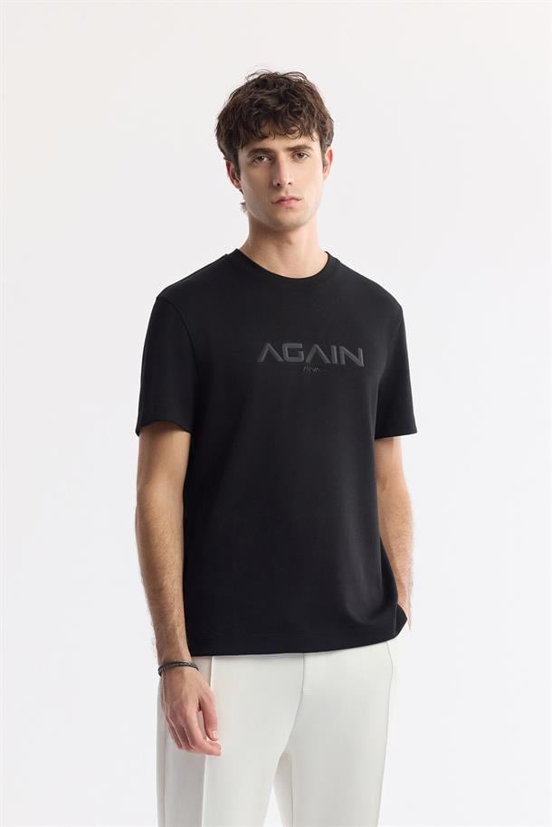 Siyah Bisiklet Yaka Hologram Baskılı İnterlok T-Shirt