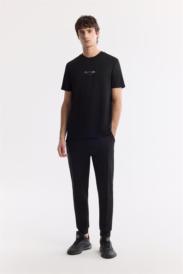 Siyah Bisiklet Yaka Hologram Baskılı İnterlok T-Shirt