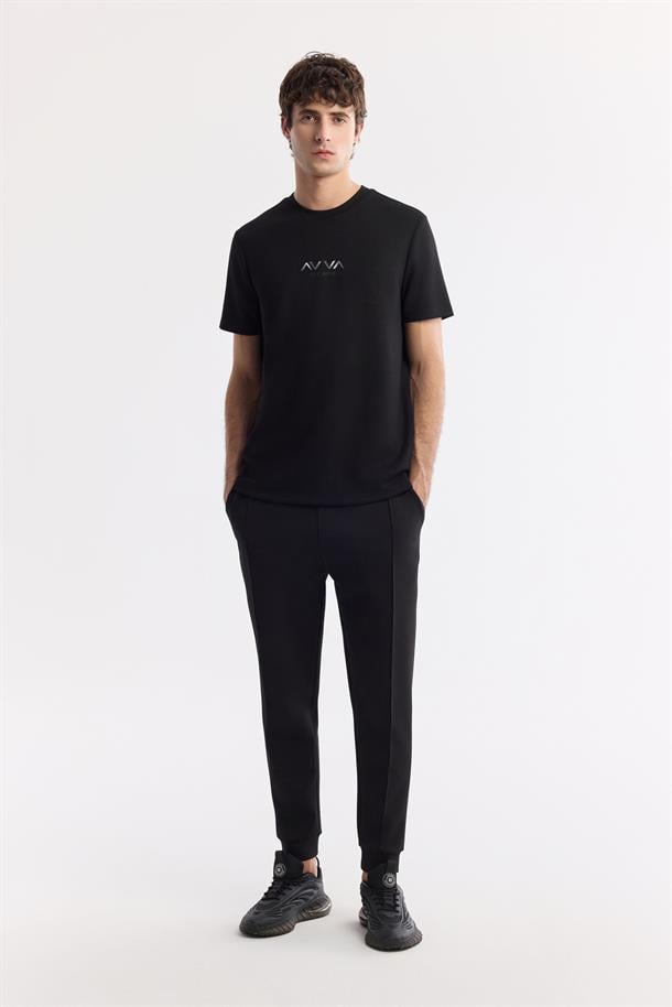 Siyah Bisiklet Yaka Hologram Baskılı İnterlok T-Shirt