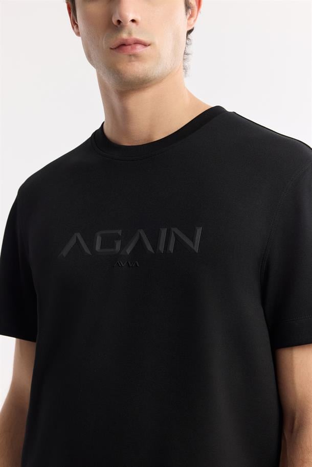 Siyah Bisiklet Yaka Hologram Baskılı İnterlok T-Shirt