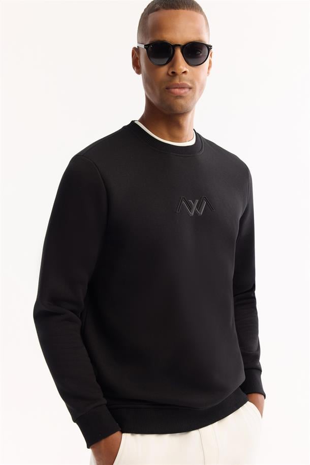 Siyah Bisiklet Yaka İçi 3 İplik Şardonlu Sweatshirt