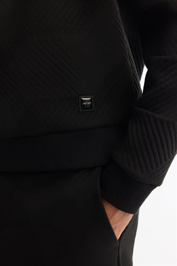 Siyah Bisiklet Yaka Jakarlı Sweatshirt