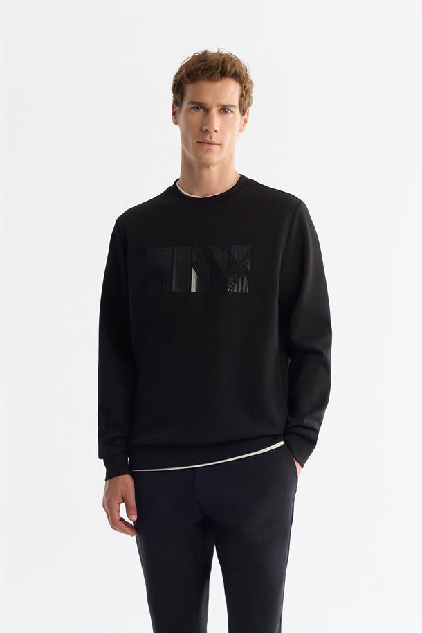 Siyah Bisiklet Yaka Pamuklu Baskılı Elastan Sweatshirt