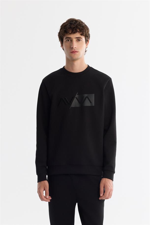 Siyah Bisiklet Yaka Pamuklu Baskılı Sweatshirt