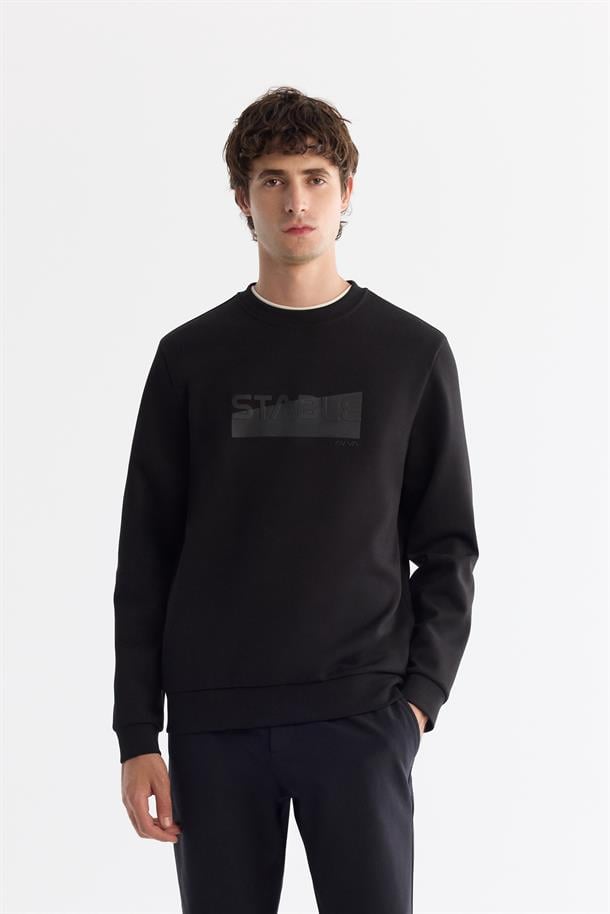 Siyah Bisiklet Yaka Pamuklu Baskılı Sweatshirt