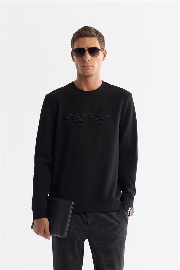 Siyah Bisiklet Yaka Pamuklu Baskılı Sweatshirt