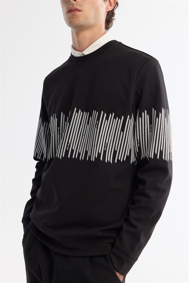 Siyah Bisiklet Yaka Pamuklu Çizgili Sweatshirt