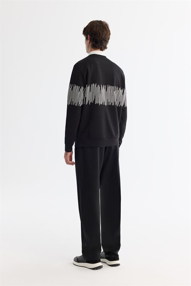 Siyah Bisiklet Yaka Pamuklu Çizgili Sweatshirt