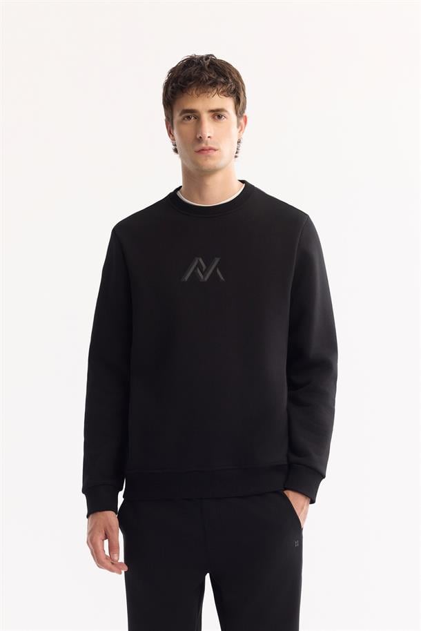 Siyah Bisiklet Yaka Piramit Baskılı 3 İplik Şardonlu Sweatshirt