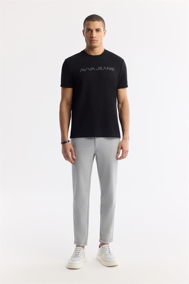 Siyah Bisiklet Yaka Reflektör Baskılı İnterlok T-Shirt