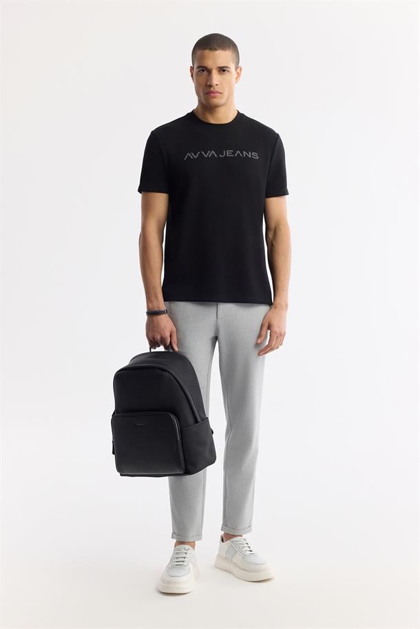 Siyah Bisiklet Yaka Reflektör Baskılı İnterlok T-Shirt