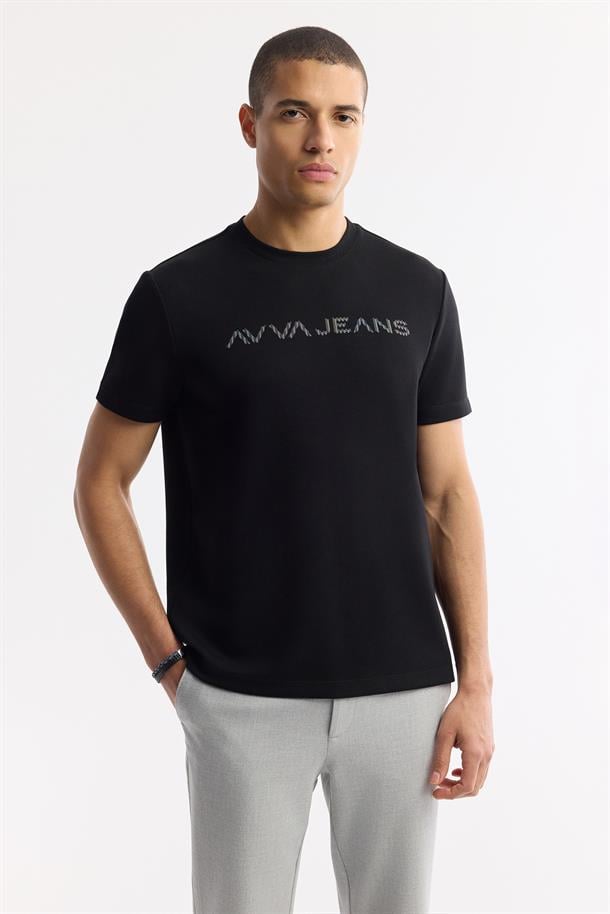 Siyah Bisiklet Yaka Reflektör Baskılı İnterlok T-Shirt