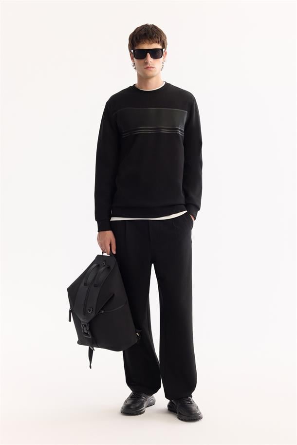 Siyah Bisiklet Yaka Silikon  Baskılı İnterlok Sweatshirt