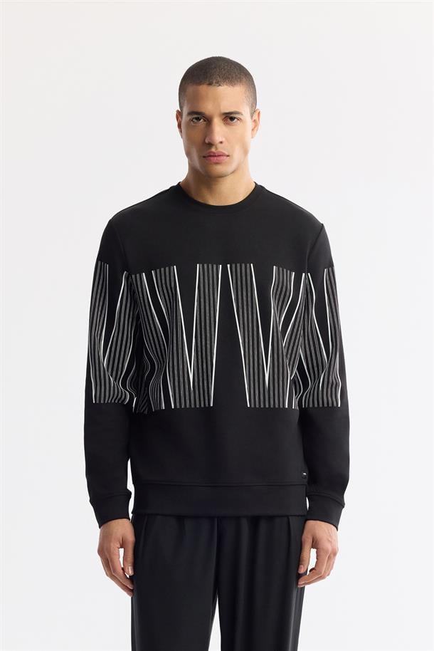 Siyah Bisiklet Yaka Silikon Transfer Baskılı İnterlok Sweatshirt