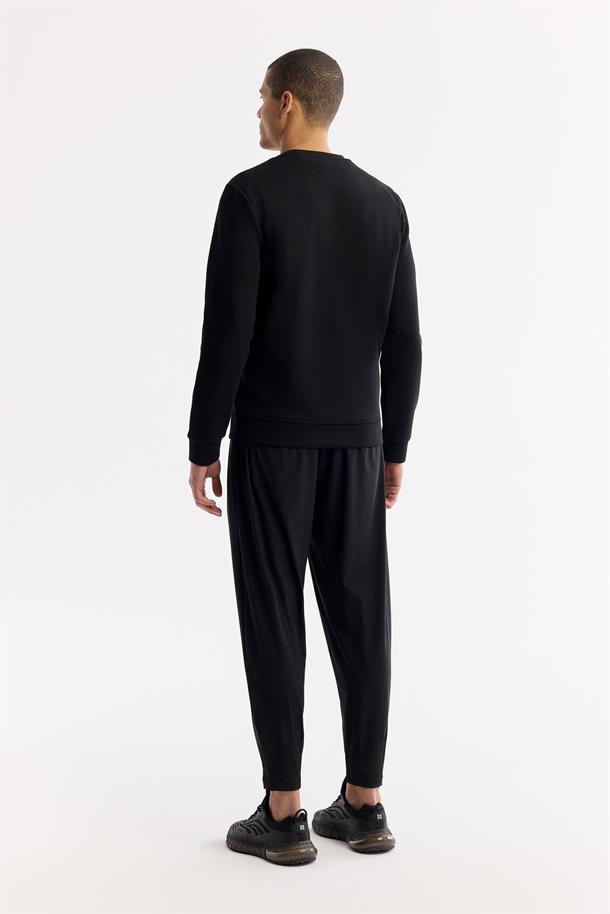 Siyah Bisiklet Yaka Silikon Transfer Baskılı İnterlok Sweatshirt