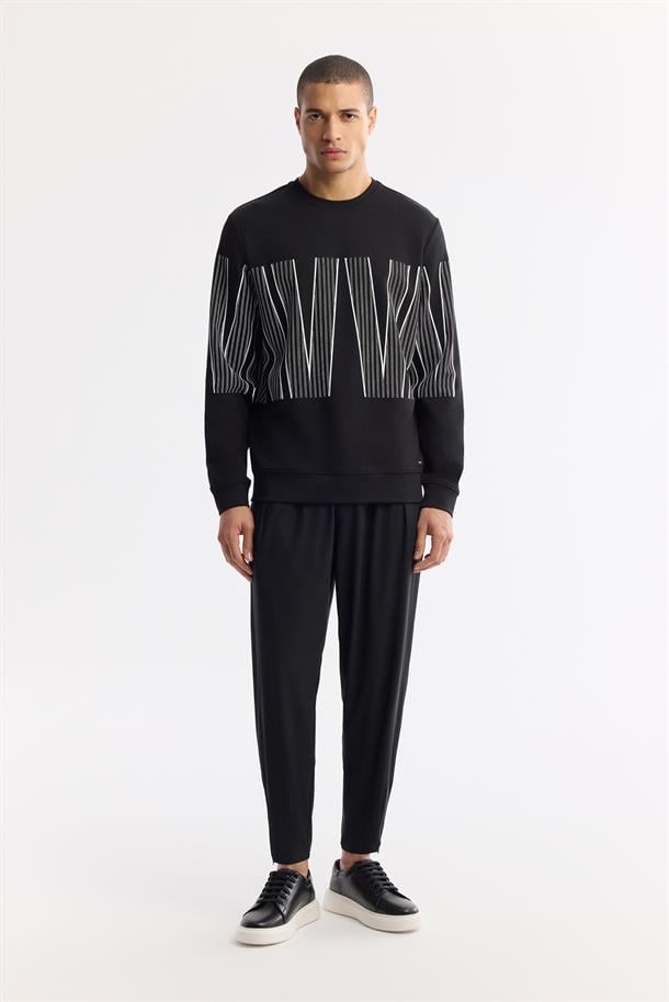 Siyah Bisiklet Yaka Silikon Transfer Baskılı İnterlok Sweatshirt
