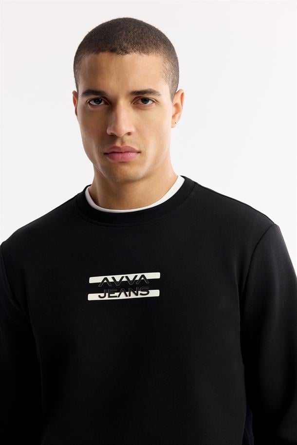 Siyah Bisiklet Yaka Silikon Transfer Baskılı İnterlok Sweatshirt