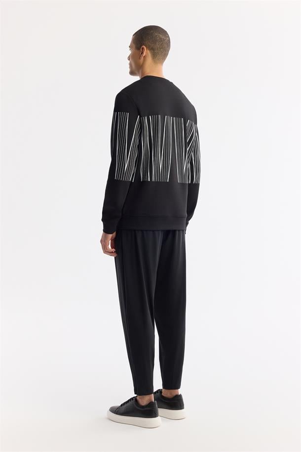 Siyah Bisiklet Yaka Silikon Transfer Baskılı İnterlok Sweatshirt