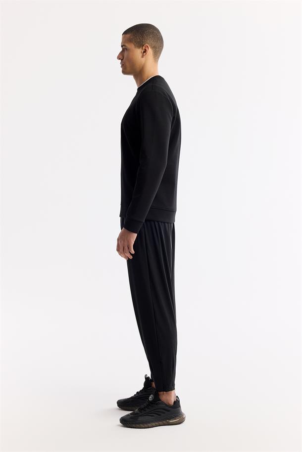 Siyah Bisiklet Yaka Silikon Transfer Baskılı İnterlok Sweatshirt