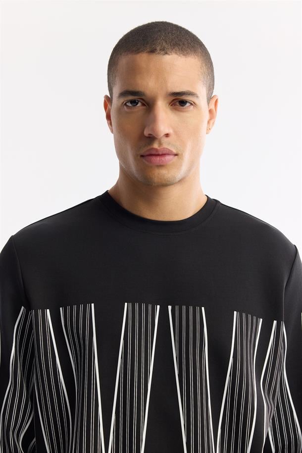 Siyah Bisiklet Yaka Silikon Transfer Baskılı İnterlok Sweatshirt