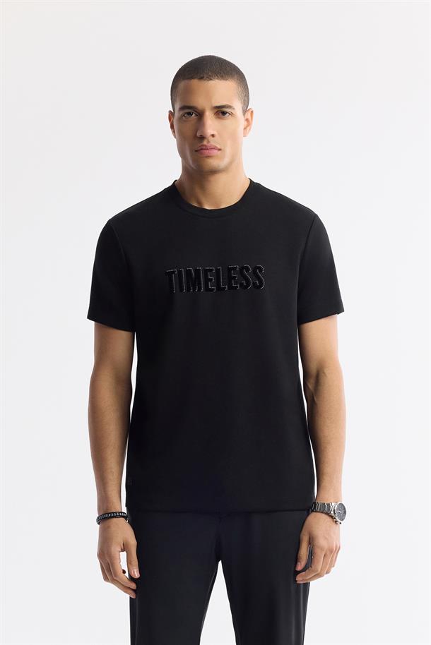 Siyah Bisiklet Yaka Slogan Baskılı İnterlok T-Shirt