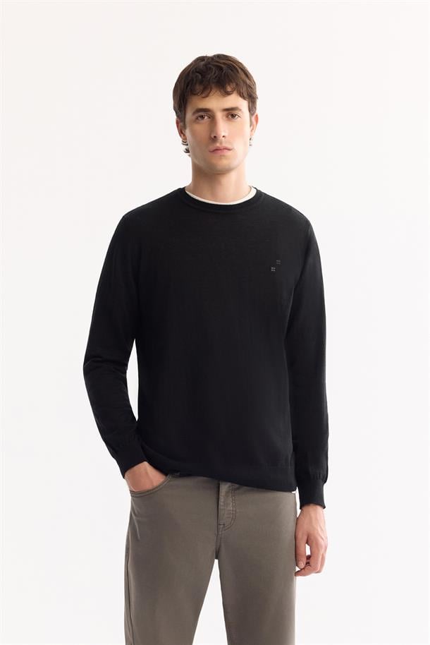 Black Wool Blend Crew Neck Jumper