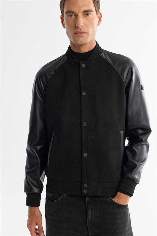 Siyah Bomber Yaka Süet Görünümlü Mont