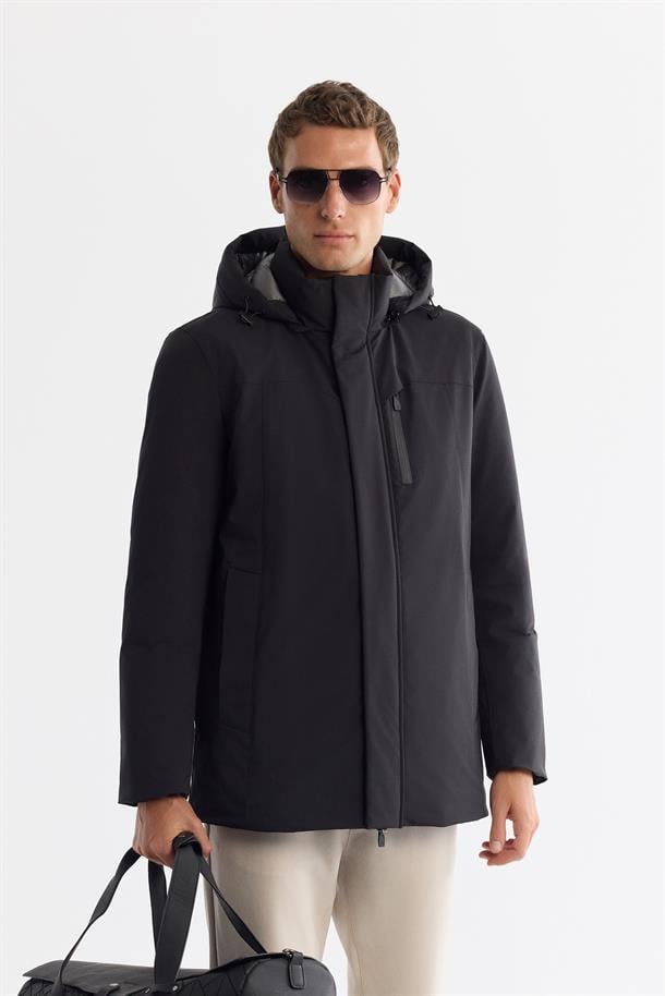 Black Detachable Hooded Longline Parka