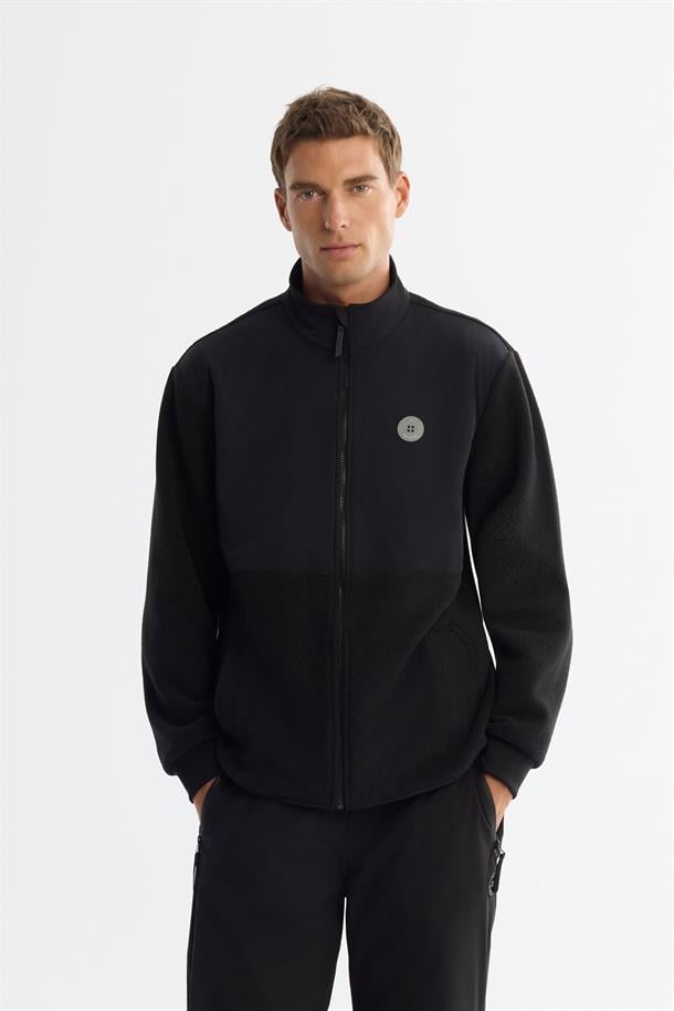 Siyah Dik Yaka Baskılı Fermuarlı Sweatshirt