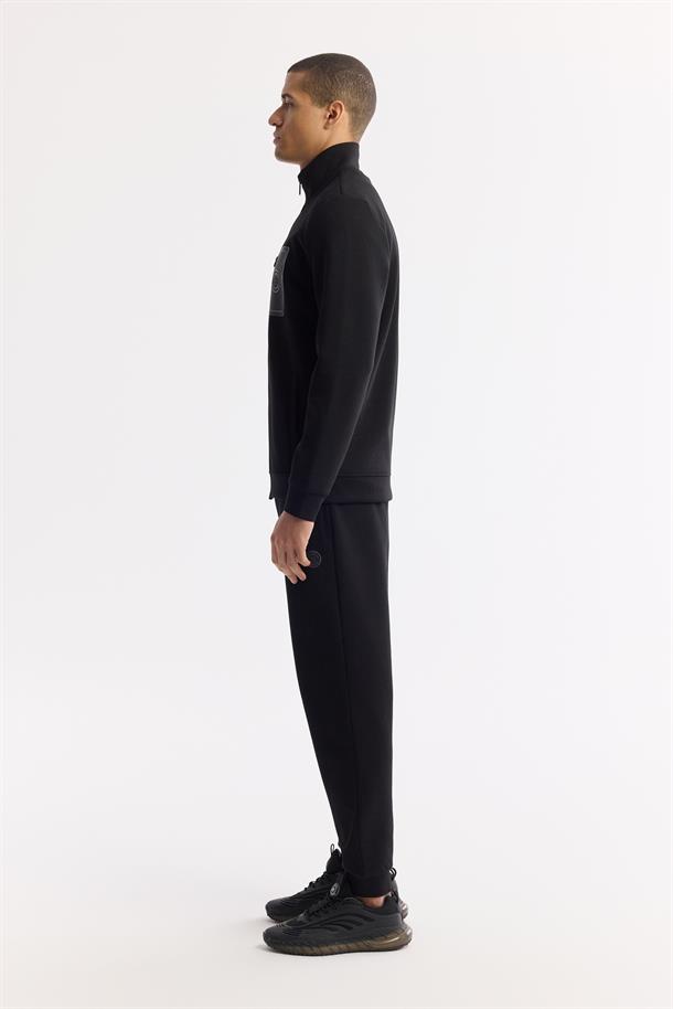 Siyah Dik Yaka Enjeksiyon Baskılı Fermuarlı İnterlok Sweatshirt Hırka