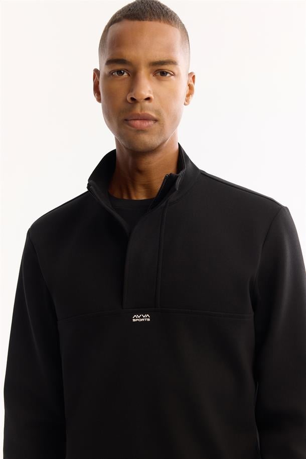 Siyah Dik Yaka  Fermuarlı Gizli Pat  İnterlok Sweatshirt