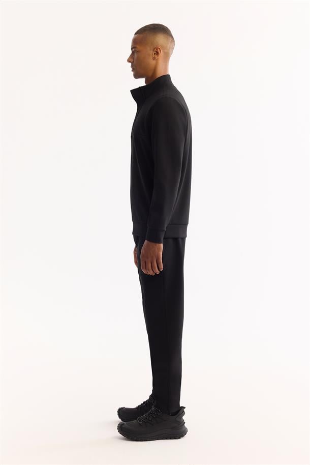 Siyah Dik Yaka  Fermuarlı Gizli Pat  İnterlok Sweatshirt