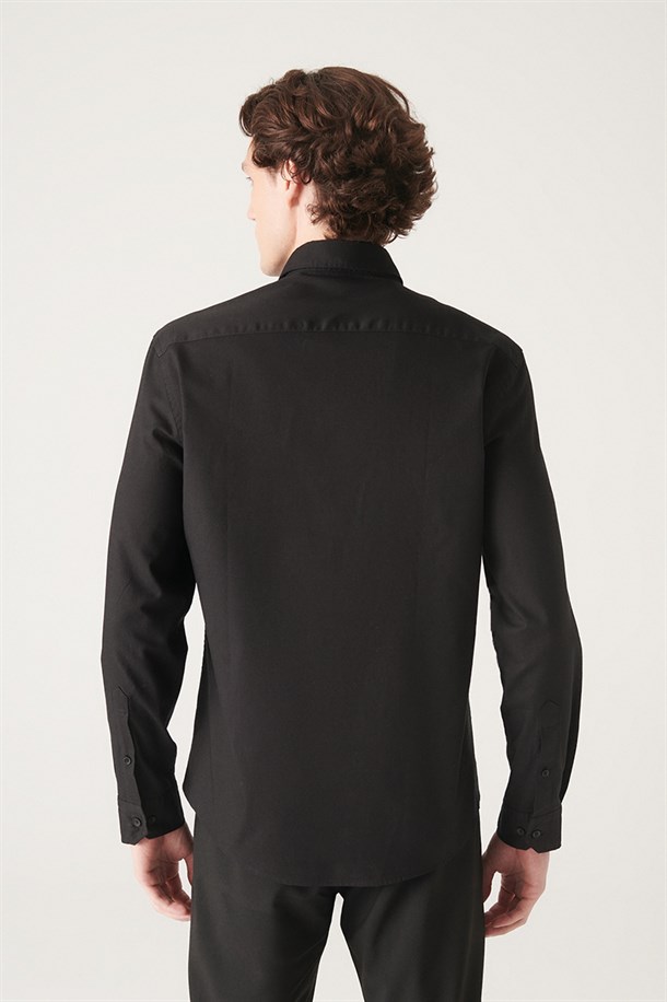 Siyah Düz Düğmeli Yaka Regular Fit Gömlek