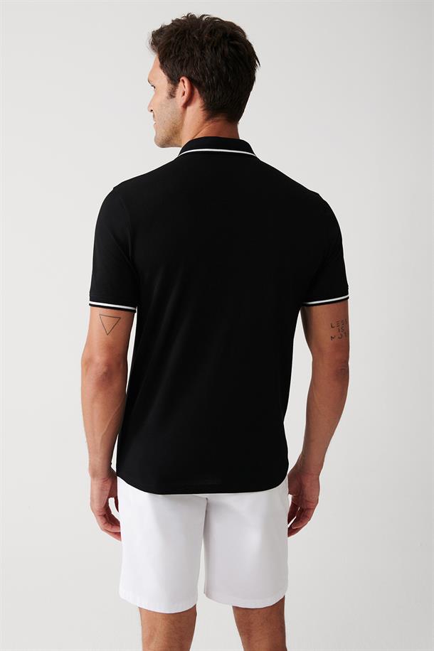 Siyah Enine Çizglili Cepli  Polo Yaka T-shirt
