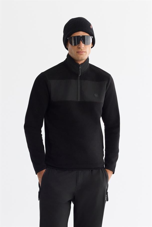Siyah Fermuarlı Dik Yaka Polar Sweatshirt
