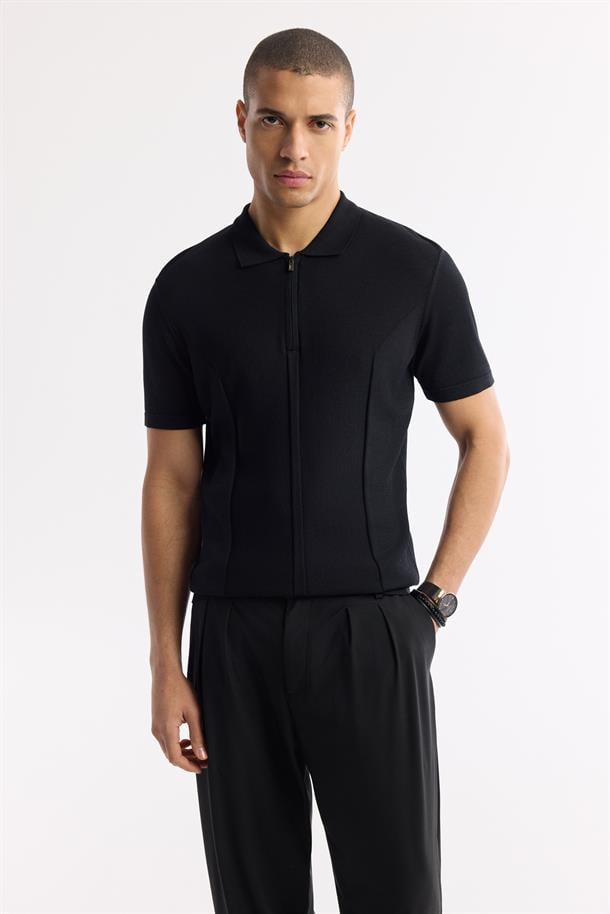 Siyah Fermuarlı Polo Yaka Dokulu Rayon Triko T-shirt