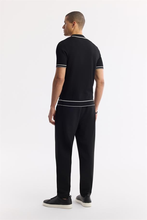 Siyah Fermuarlı Polo Yaka Dokulu Rayon Triko T-shirt