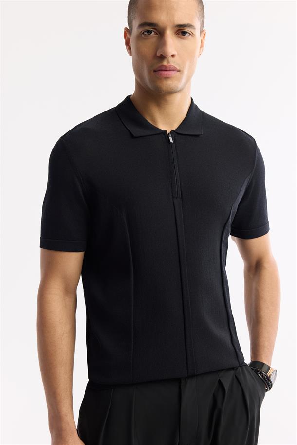 Siyah Fermuarlı Polo Yaka Dokulu Rayon Triko T-shirt