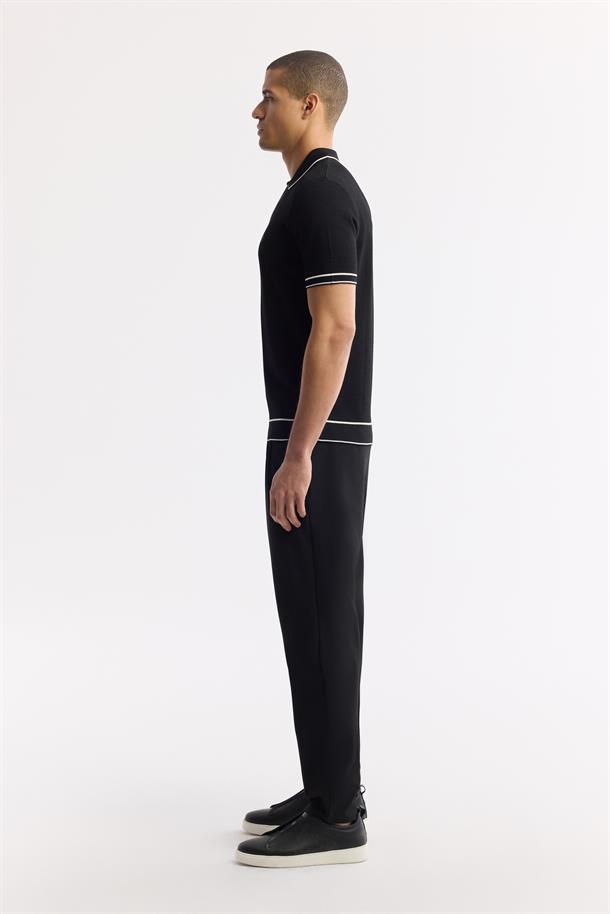 Siyah Fermuarlı Polo Yaka Dokulu Rayon Triko T-shirt