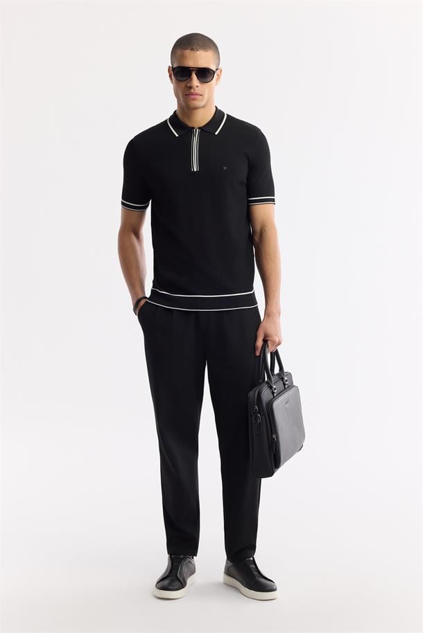 Siyah Fermuarlı Polo Yaka Dokulu Rayon Triko T-shirt