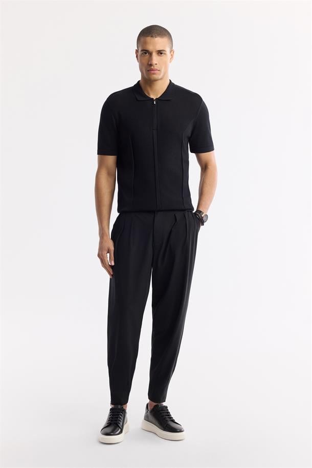 Siyah Fermuarlı Polo Yaka Dokulu Rayon Triko T-shirt