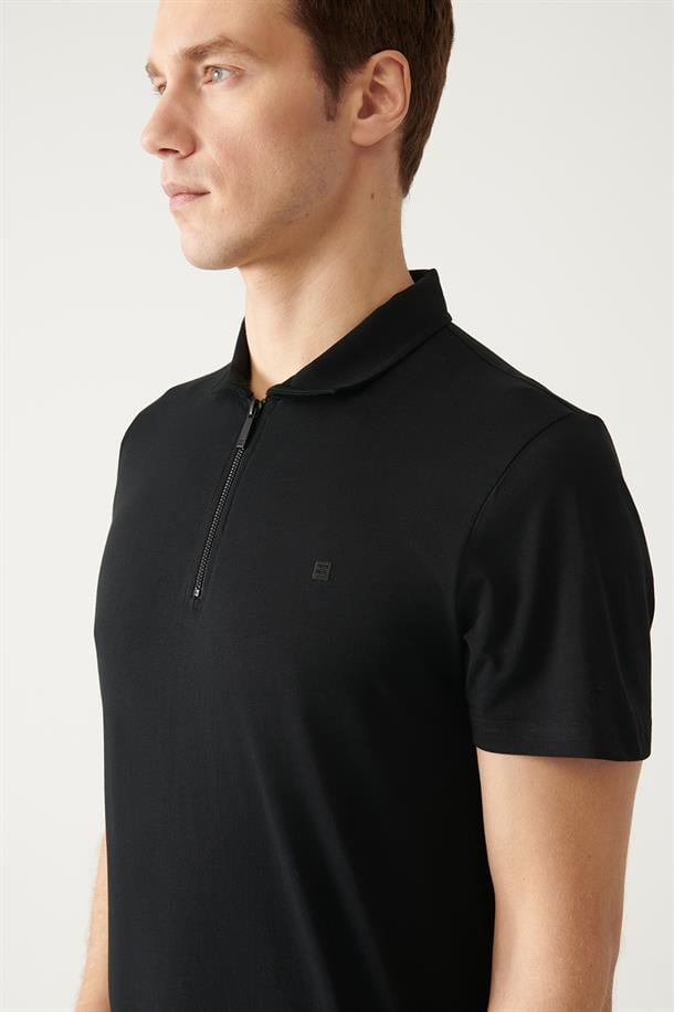 Siyah Fermuarlı Polo Yaka T-Shirt