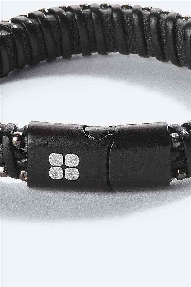 Black Leather and Stone Beaded Bracelet