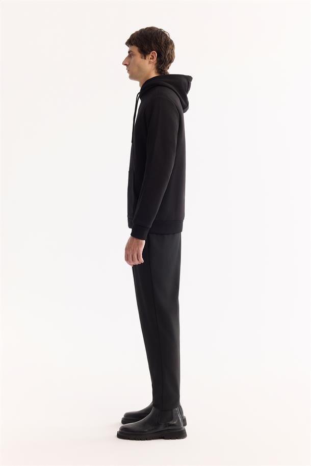 Siyah Kapüşonlu 3 İplik Şardonlu Pamuklu Sweatshirt