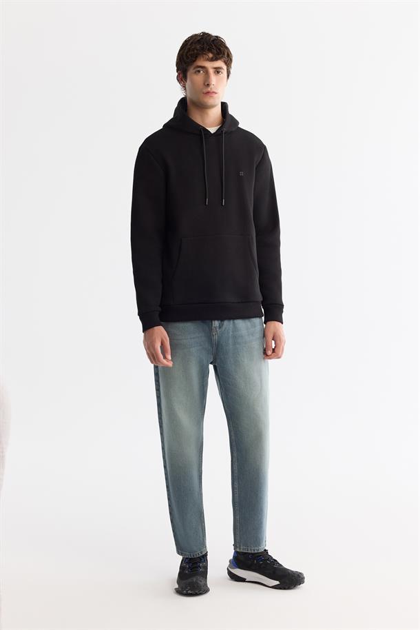 Siyah Kapüşonlu 3 iplik şardonlu sweatshirt