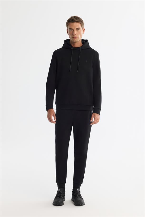 Siyah Kapüşonlu Esnek Yumuşak Doku İnterlok Kumaş Sweatshirt