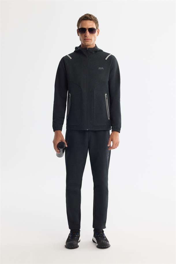 Siyah Kapüşonlu Fermuarlı Elastan Sweatshirt