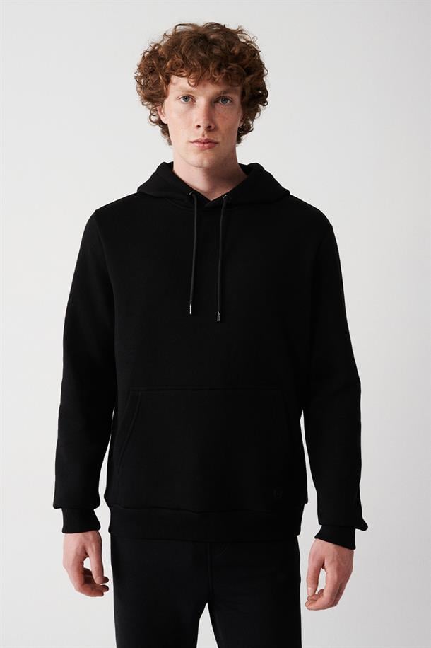 Siyah Kapüşonlu Yaka İçi Polarlı 3 İplik Pamuklu Regular Fit Standart Kesim Unisex Sweatshirt