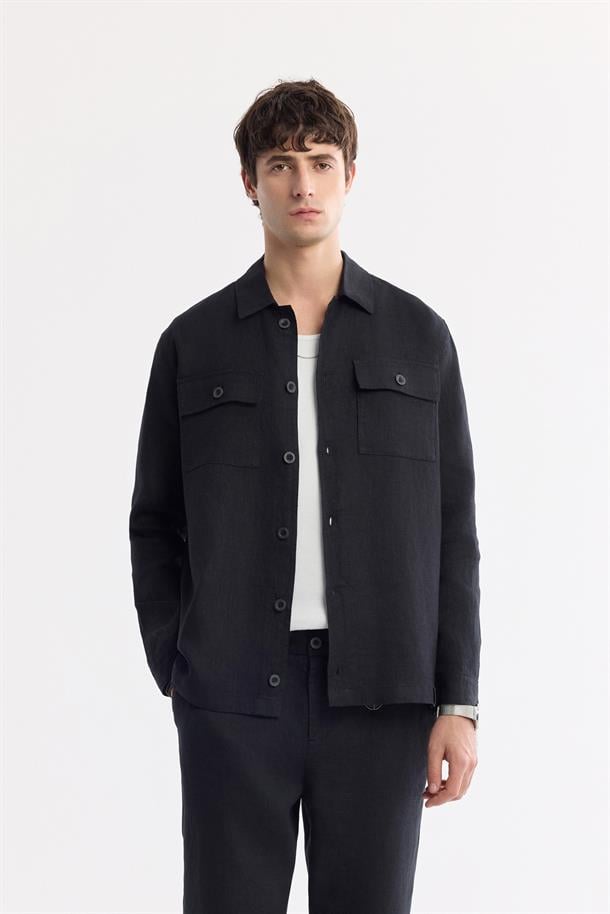 Siyah Klasik Yaka %100 Keten Comfort Fit Gömlek Ceket