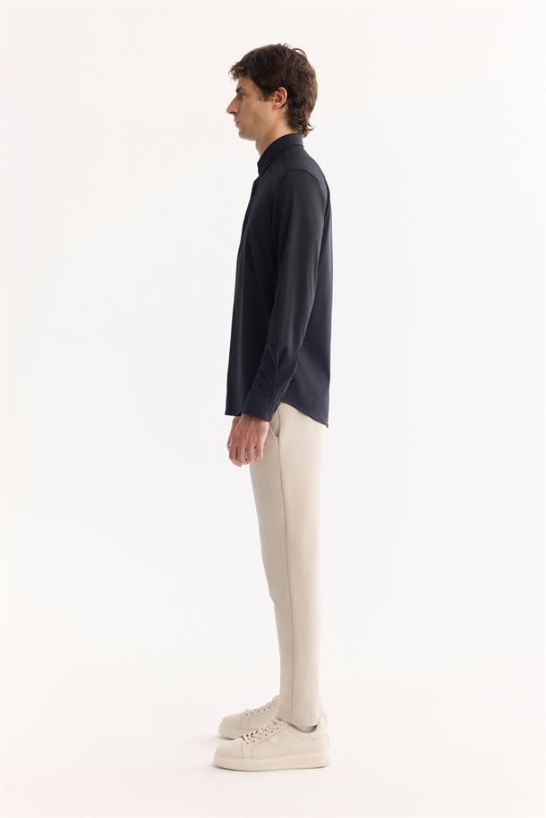 Siyah Klasik Yaka Örme Pike Slim Fit Uzun Kol Gömlek